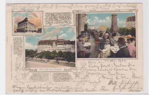 910465 AK Leipzig - Blick von der Terrasse, Centraltheater, Kaffeepartie 1904