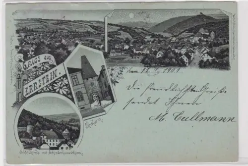 907652 Mondscheinkarte Gruß aus Herrstein Uhrturm usw. 1901