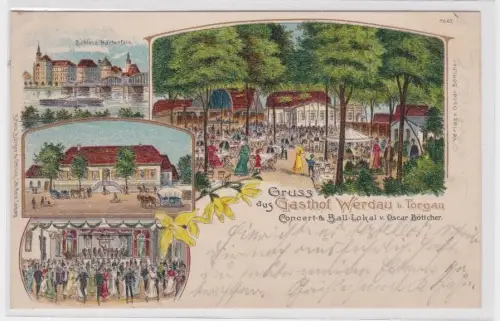 901173 Ak Lithographie Gruß aus Gasthaus Werdau bei Torgau 1905
