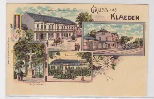 909511 Ak Lithographie Gruß aus Klaeden Bahnhof, Kaufhaus usw. um 1900