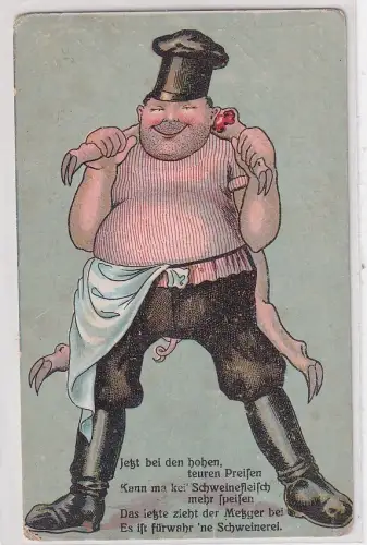 909441 Künstler Ak Karikatur Notzeit Lebensmittelpreise Fleisch Metzger 1915