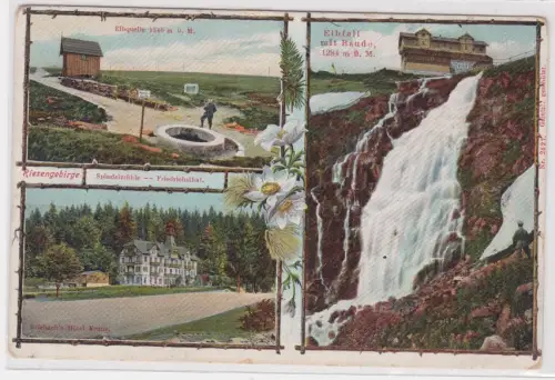 909707 AK Riesengebirge - Spindelmühle, Elbfall, Elbquelle, Hotel Krone