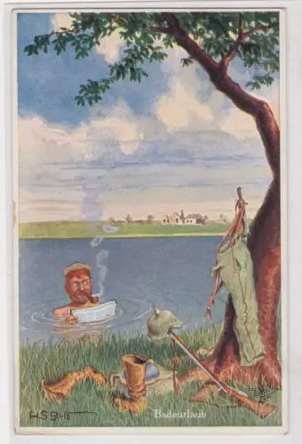 909673 Feldpost AK Badeurlaub, Soldat liest Zeitung im Wasser 1917