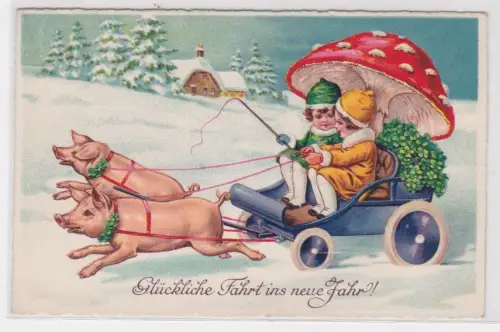 909679 AK Glückliche Fahrt ins neue Jahr! Kutsche davor Glücksschweine 1935