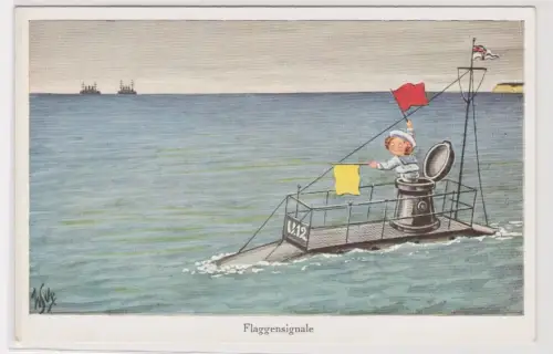 909316 Ak Militär Humor Kind auf U-Boot U.12 "Flaggensignale" um 1915