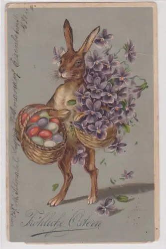 909426 Präge Ak Fröhliche Ostern Hase mit Eierkorb 1909