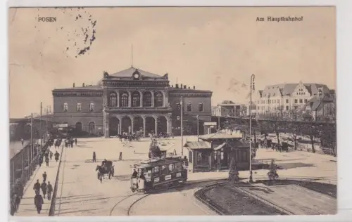 908742 Feldpost Ak Posen (Poznań) Strassenbahn am Hauptbahnhof 1915