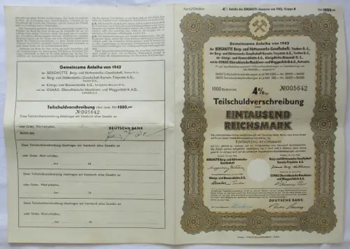 1000 RM Aktie Berghütte Berg- & Hüttenwerksgesellschaft Teschen 1943 (161115)