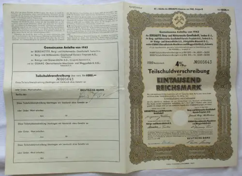 1000 RM Aktie Berghütte Berg- & Hüttenwerksgesellschaft Teschen 1943 (156595)