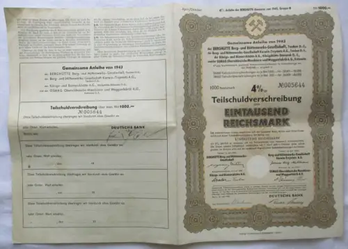 1000 RM Aktie Berghütte Berg- & Hüttenwerksgesellschaft Teschen 1943 (167078)