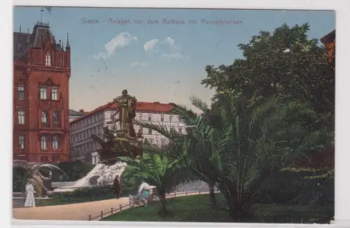 908739 Ak Stettin Szczecin in Pommern - Rathaus und Manzelbrunnen 1913