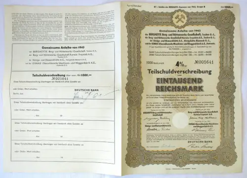 1000 RM Aktie Berghütte Berg- & Hüttenwerksgesellschaft Teschen 1943 (164246)