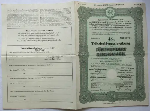 500 RM Aktie Berghütte Berg- & Hüttenwerksgesellschaft Teschen 1943 (169572)