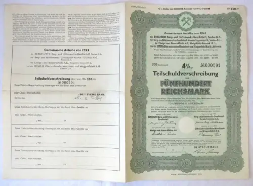 500 RM Aktie Berghütte Berg- & Hüttenwerksgesellschaft Teschen 1943 (169698)