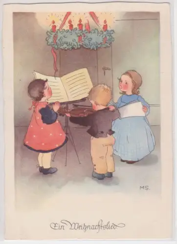 29084 AK Margret Savelsberg - Ein Weihnachtslied, Kinder musizieren unter Kranz