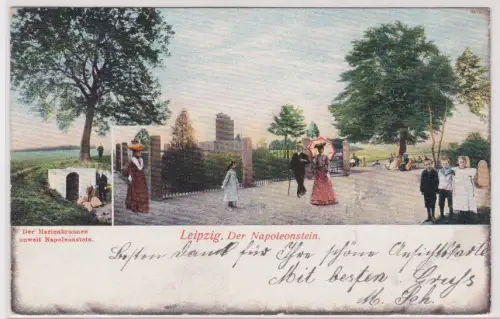 910115 Ak Leipzig der Napoleonstein und der Marienbrunnen 1905