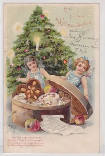 93436 Künstler Präge AK Ein frohes Weihnachtsfest - Engel öffnen Dose 1904
