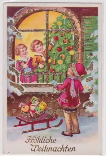 31738 geprägte Ak Fröhliche Weihnachten - Kinder schmücken Weihnachtsbaum 1939