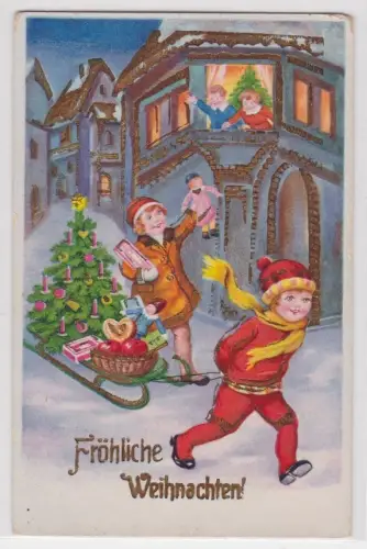 57750 Künstler Ak Fröhliche Weihnachten - Kinder ziehen Schlitten um 1910