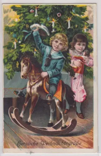 47939 Künstler AK Herzliche Weihnachtsgrüße - Junge in Uniform auf Schaukelpferd
