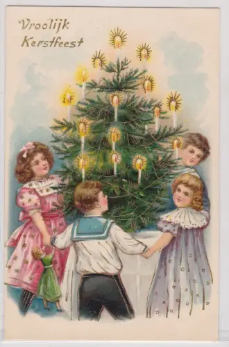 35146 Künstler Präge AK Vroolijk Kerstfeest - Kinder umringen Weihnachtsbaum