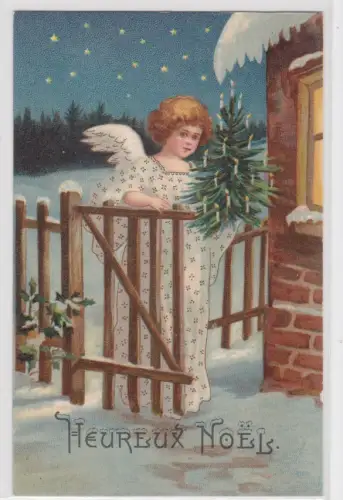 53177 Künstler AK Heureux Noël - Engel kommt mit Tannenbaum durch das Gartentor