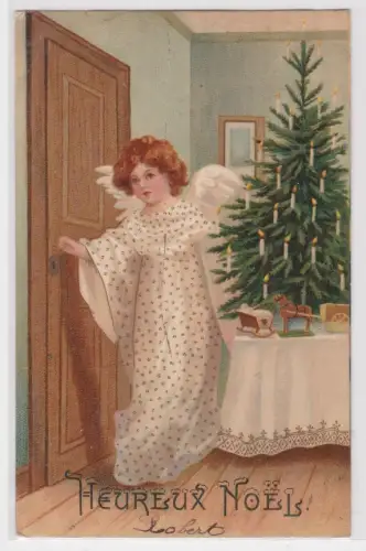 25508 Künstler AK Heureux Noël - Engel hinter Tannenbaum geht zur Tür