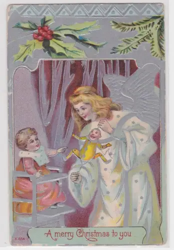 44021 Künstler Präge AK A merry Christmas to you - Engel bespaßt Kleinkind 1912