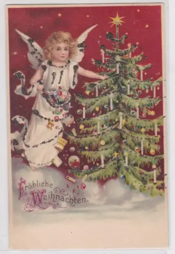 74248 Künstler AK Fröhliche Weihnachten, Engel schmückt Weihnachtsbaum 1900