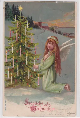 02937 Künstler AK Fröhliche Weihnachten, Engel schmückt Weihnachtsbaum 1904