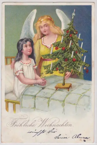 61704 Künstler AK Fröhliche Weihnachten, Mädchen betet vor Weihnachtsbaum 1903
