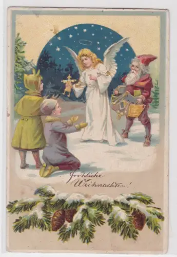 60110 Künstler AK Fröhliche Weihnachten, Engel + Weihnachtsmann beschenkt 1909
