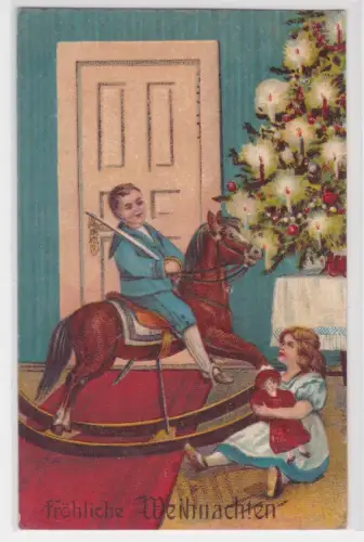909653 Künstler Feldpost AK Fröhliche Weihnachten, Junge auf Schaukelpferd 1915