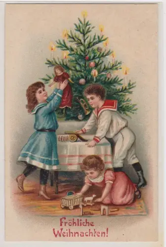37406 Künstler Präge AK Fröhliche Weihnachten Kinder spielen mit Geschenken 1906