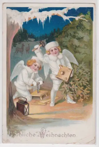 87172 Künstler AK Fröhliche Weihnachten, Engel bauen Christbaumständer 1922