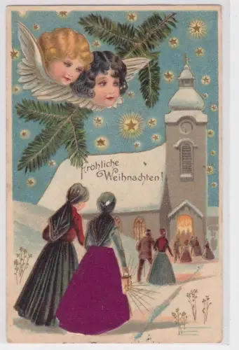 39827 Künstler AK Fröhliche Weihnachten, Menschen gehen zur Weihnachtsmesse 1904