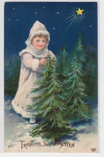 39676 Künstler AK Fröhliche Weihnachten, Kind im Tannenwald unter Sternenhimmel