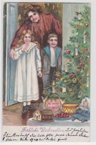 908355 Künstler AK Fröhliche Weihnachten Mutter führt Kinder zur Bescherung 1906