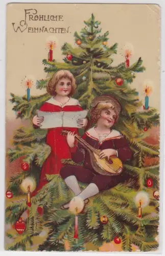 905283 Künstler AK Fröhliche Weihnachten, Kinder musizieren auf Tannenzweig 1912