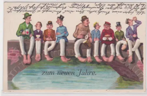 909210 Künstler Ak Neujahr: Männer auf Mauer bilden Schriftzug "Viel Glück" 1928