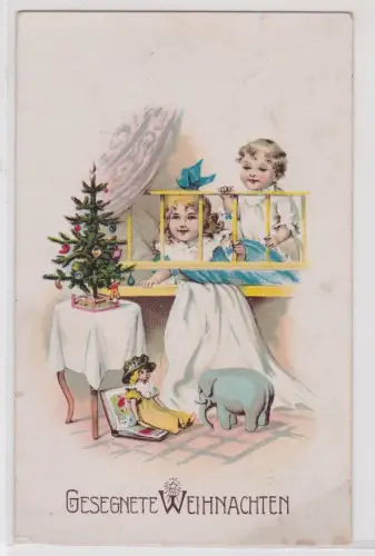87277 Künstler AK Gesegnete Weihnachten - Kinder in Gitterbett bestaunen Baum
