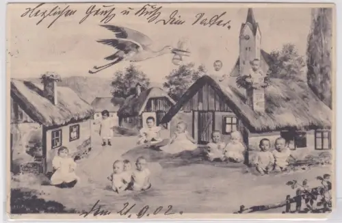 909214 Künstler Ak Storch bringt Babys in ein Bauerndorf 1902