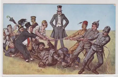 909314 Künstler Ak Weltkrieg Tauziehen der Gegner unter den Augen der USA  1915