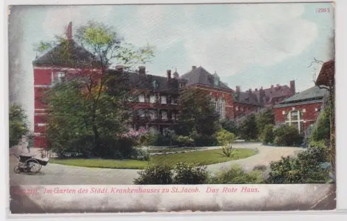 909755  Ak Leipzig. Im Garten des Städt.Krankenhauses zu St.Jacob.Das Rote Haus.