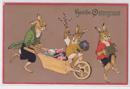910390 Feldpost AK Herzlichen Ostergruss - Osterhasen mit Schubkarre 1918