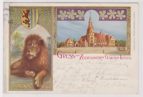 58011 Ak Lithografie Gruss vom Zoologischen Garten Leipzig Löwe Wappen 1903