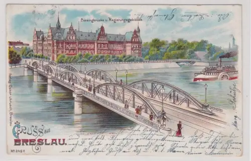 910030 Ak Lithographie Gruß aus Breslau Lessingbrücke und Regierungsgebäude 1901