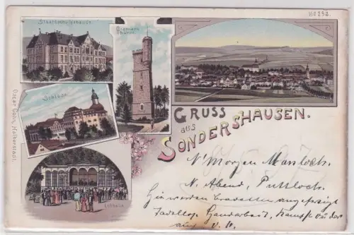 910016 Ak Lithographie Gruß aus Sondershausen Staatsschulgebäude usw. 1897