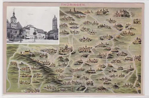 901596 Ak illustrierte Landkarte Thüringen mit Ansicht von Jena Marktplatz 1907