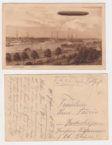 65033 Feldpost Ak Wilhelmshaven Hafenpartie mit Zeppelin und Kriegsschiffen 1917